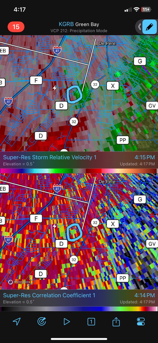 LoganFrey8's tweet photo. May have a weak tornado near De Pere, WI #wiwx https://t.co/7VPTMa181y