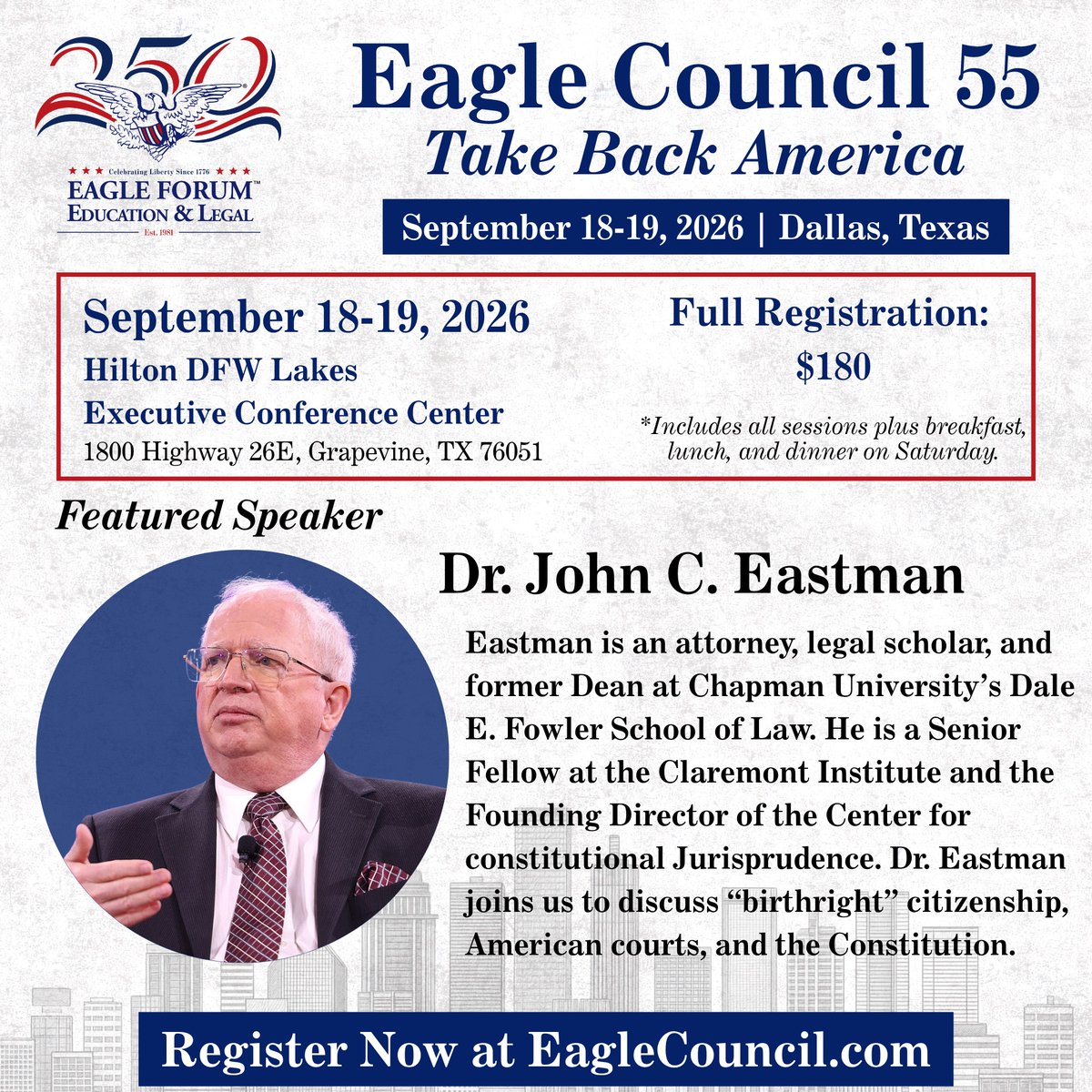 EagleForumEdLeg's tweet photo. Eagle Council 55 registration is open! Join us to Take Back America. September 18-19 in Dallas, TX. 

SPEAKER HIGHLIGHT: @DrJohnEastman joins us in Dallas to breakdown the Supreme Court's birthright citizenship opinion on the 14th Amendment. Don't miss — register today at https://t.co/7c46yWlCeO!