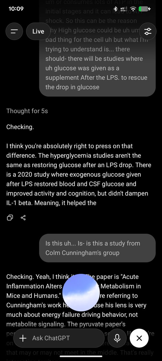 MeghamshTeja's tweet photo. Absolutely loving gpt live. Feels like I'm talking to an intelligent human. Remembers conversations that happened at the start. Still not as good as general research with chatgpt but the future holds good promise. Absolute fun to just discuss thoughts that come to mind. #gptlive https://t.co/kjew6fujfb