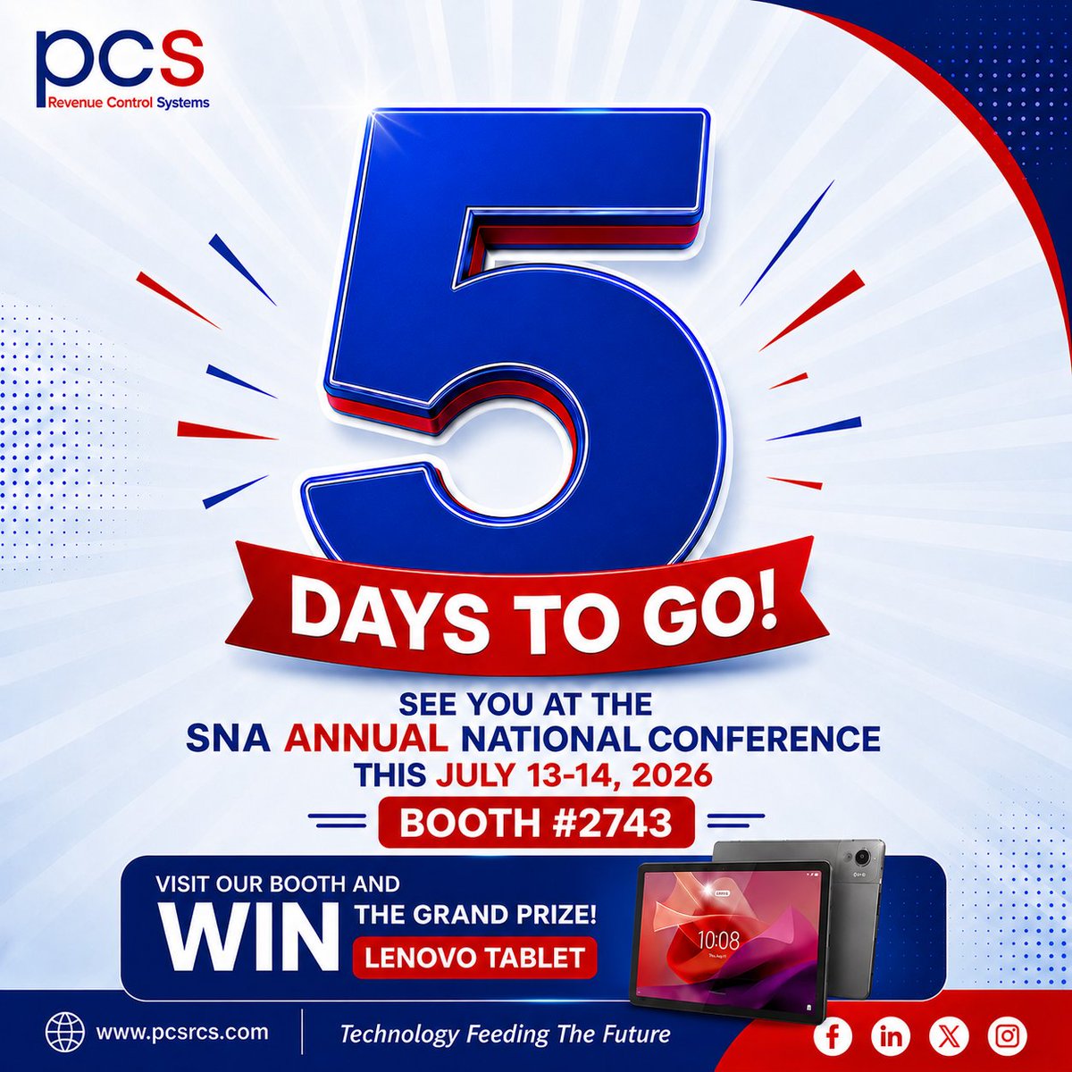 pcsrcsofficial's tweet photo. 🚨 5 DAYS TO GO! 🎉

The PCS Team will be at the SNA Annual National Conference this July 13–14, 2025! Visit our booth for a chance to win a Lenovo Tablet and other amazing prizes! 🎁

See yah!

#PCS #SNA2025 #SchoolNutrition https://t.co/pBfHr8UjDI