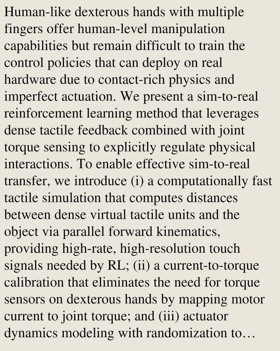 OWW's tweet photo. Closing the Reality Gap: Zero-Shot Sim-to-Real Deployment for Dexterous Force-Based Grasping and Manipulation

Zhe Zhao, Zhibin Li, Yilin Ou, Mengshi Qi
https://t.co/u2Kr4fnnJx [𝚌𝚜.𝚁𝙾] https://t.co/sMCmAjMqJ1