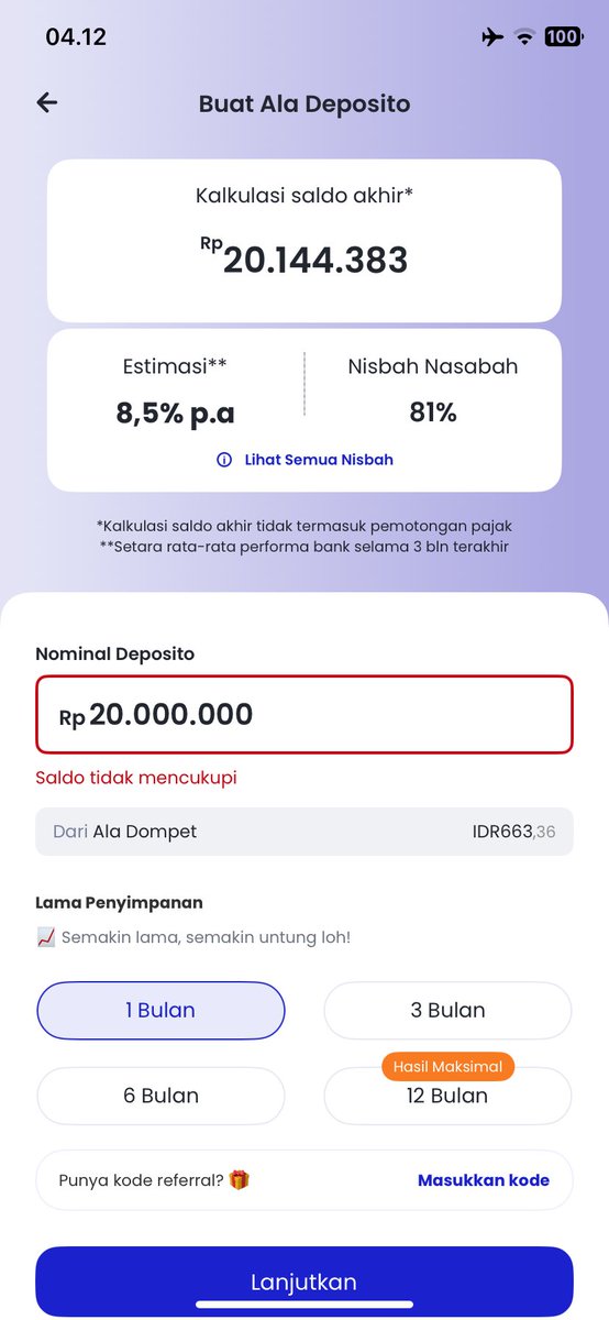 Mitagniya's tweet photo. @duitsss kak percaya deh ini paling gacorr di aladin syariah bunganya 8,5%😭 superbank sama krom kalah,aku punya smua akun nya wkwk. tapi kalo krom oke bgt si buat pengguna baru masukin referal MITAQ3RU (gsmskin gadpt) dapet 150rb tahan saldo utama 2jt selama 38hari🫶🏻 https://t.co/ogYzjvBlF5