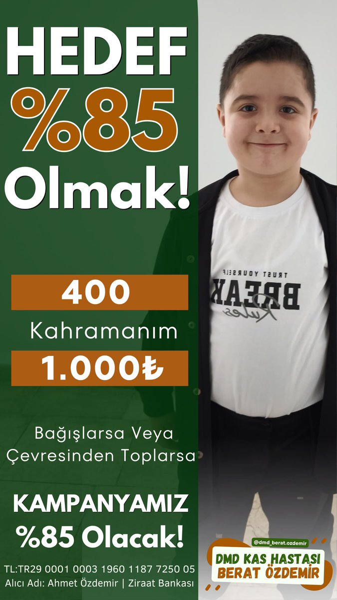dmdberatozdemir's tweet photo. Belki senin için 1.000 TL…
Ama Berat için umut demek. 💚

400 kahramanla kampanyamız %85 olacak.
Lütfen Berat’ın yarınlarına birlikte dokunalım. 🙏

Bir bağış, bir umut. Bir paylaşım, bir mucize https://t.co/og1FZekUPo