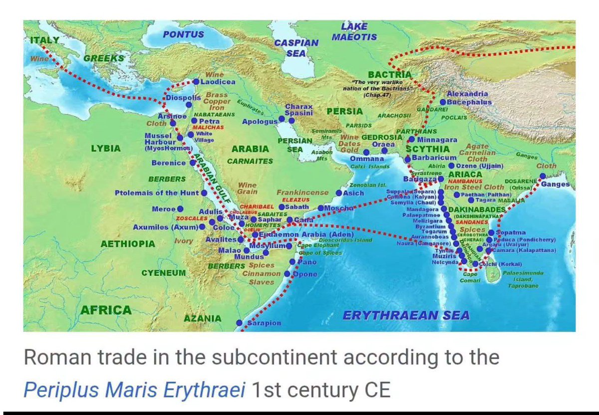 archeohistories's tweet photo. "India takes 50 million sesterces from our Empire every year." — Pliny the Elder, writing in Natural History, lamented that Rome's appetite for Indian luxury goods was draining the empire's wealth.... 

Nearly 2,000 years ago, the Roman Empire maintained an extensive maritime trade network with India through the Red Sea and across the Indian Ocean. 

After Roman sailors learned to take advantage of the seasonal monsoon winds, direct voyages became faster, safer, and more predictable, dramatically expanding trade. Roman merchants imported black pepper, pearls, ivory, gemstones, fine cotton textiles, and other luxury goods from India, while exporting wine, glassware, coral, metals, and silverware. 

Because Roman exports did not fully offset the value of these imports, merchants frequently paid the difference with gold and silver coins. Archaeologists have uncovered thousands of Roman coins, amphorae, and other artifacts at ancient trading sites across India, confirming the remarkable scale of Indo-Roman commerce. 

Pliny's remarks are among the earliest surviving written criticisms of a persistent trade imbalance and the outflow of precious metals to pay for imported luxury goods.

#archaeohistories