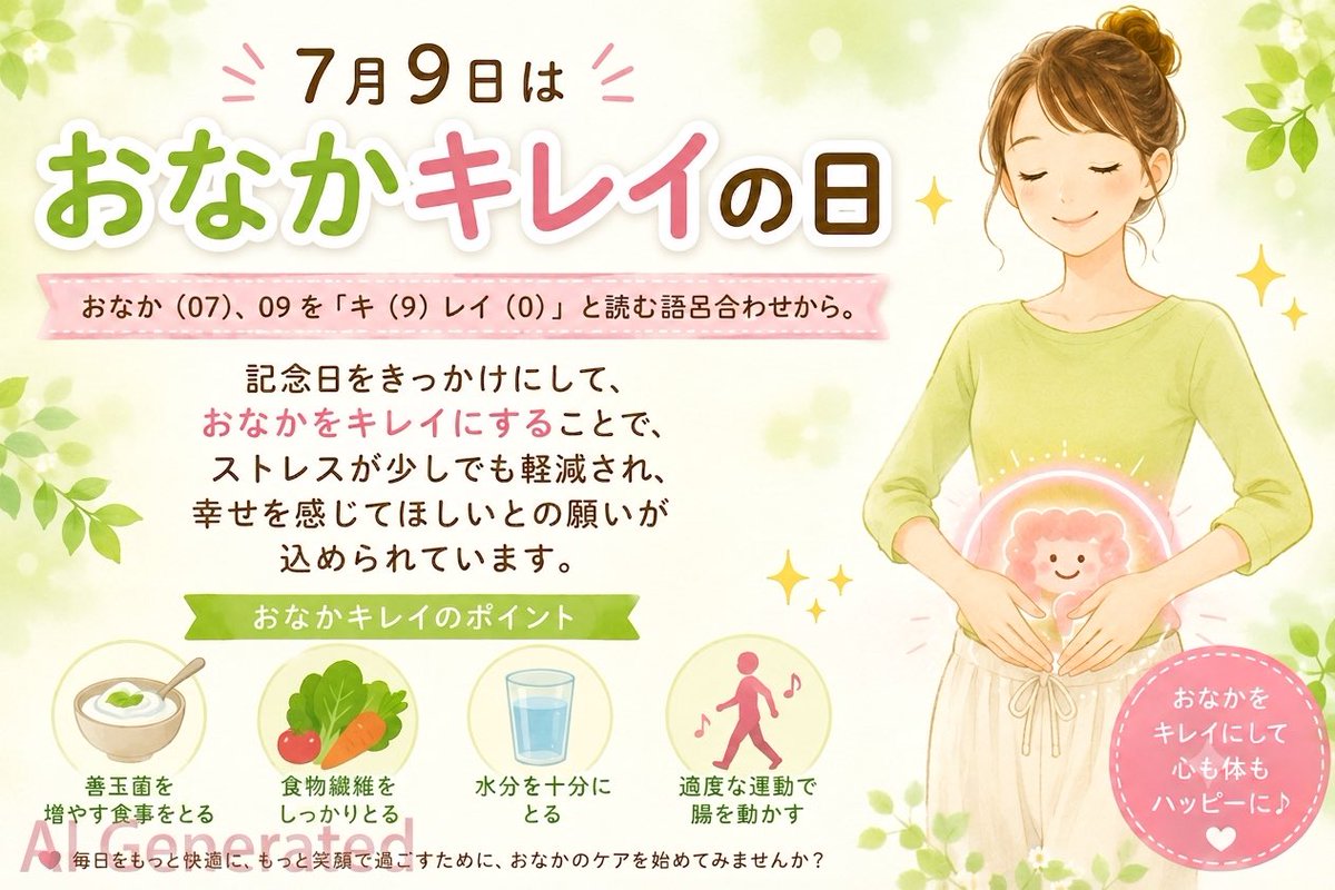 ebi2ebi48's tweet photo. 7月9日（木）大安(甲申)
おはようございます 
#今日は何の日
#おなかキレイの日
日付は7月9日「おなか（07）」、09を「キ（9）レイ（0）」と読む語呂合わせから。
記念日をきっかけにして、おなかをキレイにすることで、ストレスが少しでも軽減され、幸せを感じてほしいとの願いが込められている。 https://t.co/2RvuanlBuu