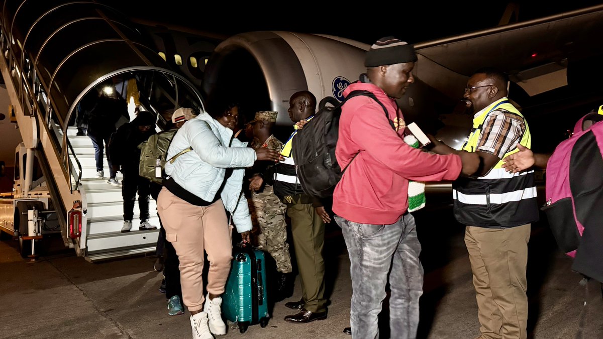 UgEmbassySA's tweet photo. At exactly 23:45hrs EAT, 153 Ugandan nationals voluntary repatriated from Cape Town, South Africa safely landed at Entebbe International Airport.

The flight also transported the remains of one Ugandan national who tragically lost their life during the recent violence associated with protests against foreign nationals in South Africa.

The group was welcomed by officials from @UgandaMFA led by @d_ogwang and Col. @ChrisOMagezi representing the CDF Gen. @mkainerugaba and the UPDF fraternity. 

@ubctvuganda @UgandaMediaCent @GCICUganda @mkainerugaba @mkibombo1 @DailyMonitor @d_ogwang @observerug @newvisionwire @nyamadon @MKarekye @AmoruPaul @ChrisOMagezi @mkainerugaba @kasujja @MauriceMugisha