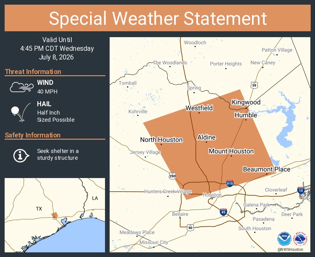 This graphic displays a special weather statement plotted on a map. The statement is in effect until 4:45 PM CDT.  The statement includes Aldine TX, Humble TX and  Bammel TX.  A STRONG THUNDERSTORM WILL IMPACT SOUTHEASTERN MONTGOMERY AND CENTRAL HARRIS COUNTIES THROUGH 445 PM CDT. The threats associated with this storm are wind gusts up to 40 MPH and half inch sized hail. Seek shelter in a sturdy structure until the storm passes.