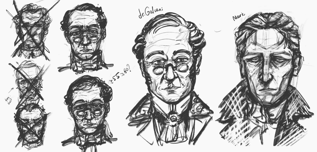tex_textetexter's tweet photo. Exploring facial features for Doctor Galvani and his assistant. To me, Galvani seems like a really kind person, but he's living in his own little world...And assistant is just tired.

#dishonored #Dh1 https://t.co/vbgkQnNODe