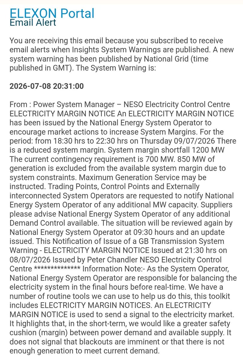 KathrynPorter26's tweet photo. Here we go again... 

Another margin warning for the GB grid for tomorrow. Low wind and hot weather along with reduced imports from Europe leading to tight margins on the GB system

1200 MW shortfall projected from 18:30 to 22:30

Update expected at 9:30am tomorrow

This is now the THIRD day of tight margin warnings this summer (plus 23 June when there should have been one but wasn't)

Before this year there had never been a summer margin warning

So why now? Because our reliance on both wind and imports is growing. Then when it's not windy we're in trouble, particularly if it's also not windy in Europe where most countries we're connected with also rely on wind. They don't have the spare electricity themselves to sell to us 

This is only going to get worse. Although the temperatures we're seeing now are unusual, the actual weather isn't

High pressure weather systems with lots of sun but little wind are common both in summer when they cause high temperatures and winter when they bring the coldest temperatures 

Clearly we're struggling to manage

Reliance on wind is not energy security
Reliance on imports is not energy security

We need sensible energy policies and to stop gambling on the weather and praying other countries can bail us out 

@neso_energy @Ed_Miliband @ClaireCoutinho @AndrewBowie_MP @griffitha @NJ_Timothy @DavidGHFrost @TiceRichard @mattwridley @cmackinlay @Iromg @AllisonPearson @MerrynSW @EdConwaySky @mattotele @jonathan_leake @afneil @ofgem