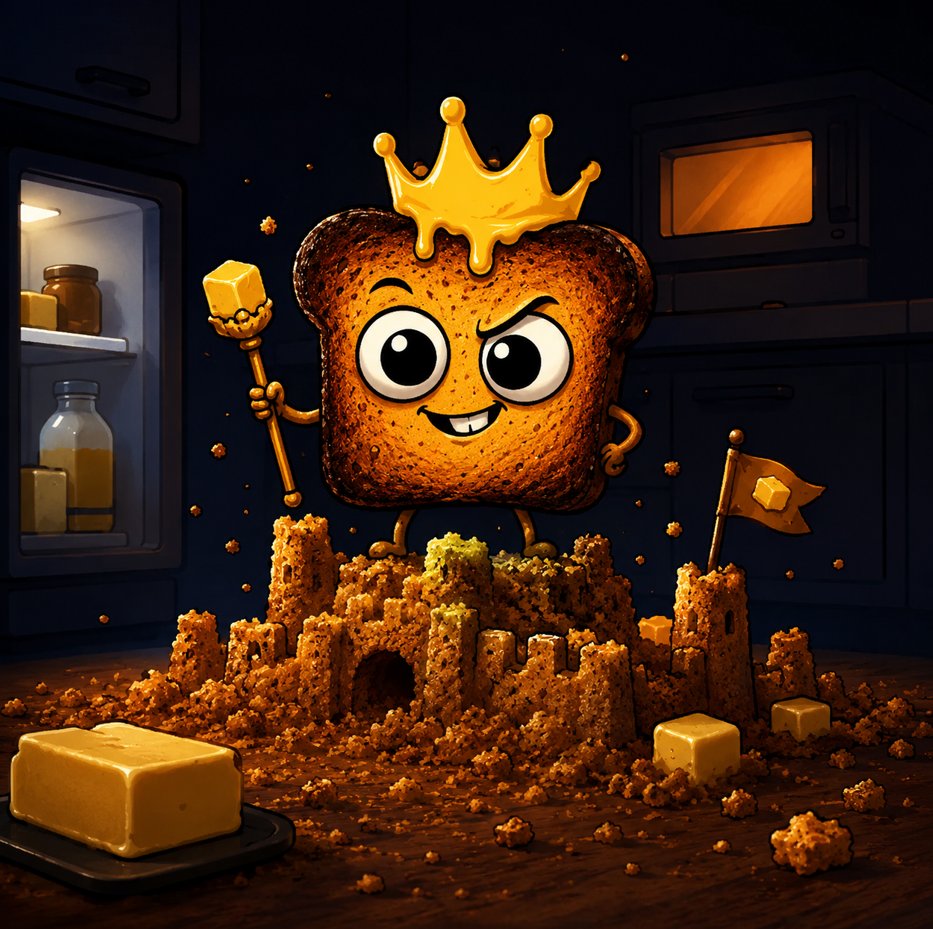 crumblosol's tweet photo. CRUMBLO isn't a hero.

He isn't a villain.

He's just a tiny living slice of toast with a melting butter crown, collecting crumbs, hiding under the stove, and avoiding the vacuum every single night.

King of the crumbs.

solana:Hz7MeU72BNF9rCWyUFAwKTyCcjr6qsJm1jwYehnqjups https://t.co/NWlf4j1fc6