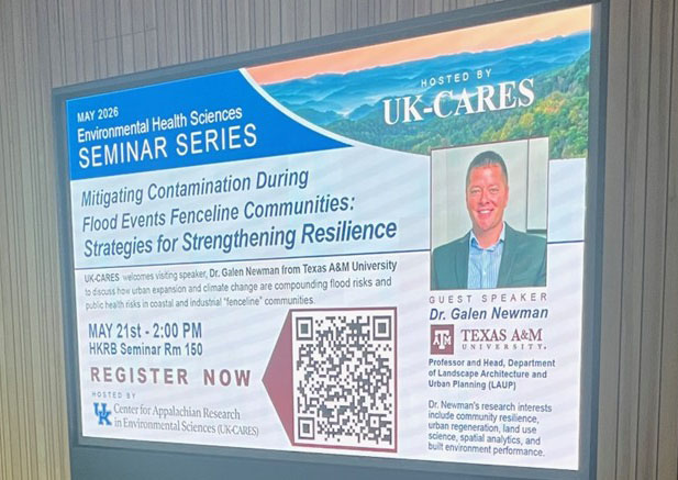 ukcares1's tweet photo. May #EHS Seminar: Dr. Galen Newman @TexasAM shared flood &amp; health risk research in "fenceline" communities, prompting strategies for KY flooding. https://t.co/O7yec84zWM