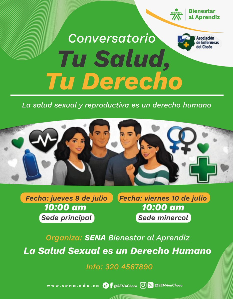 SENAenChoco's tweet photo. Aprendiz SENA, la Oficina de Bienestar al Aprendiz, en alianza con la Asociación de Enfermeras del Chocó, te invitan a participar en un conversatorio sobre el cuidado de la salud como derecho. 

¡Te esperamos!

#PorEsoNosQuieren https://t.co/KzTZHW95eC