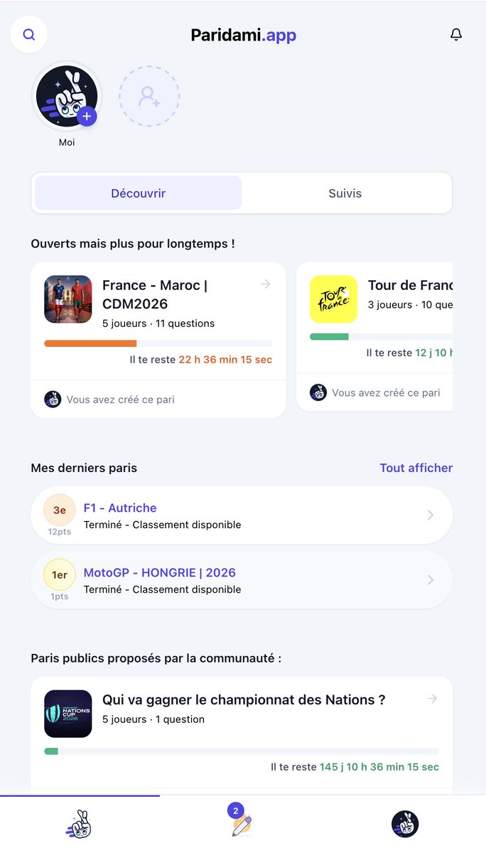 Paridami_app's tweet photo. Grosse mise à jour de #paridami, mercis aux premiers joueurs qui me font leurs retours, le #projet avance bien, hâte de voir ce que les gens créeront comme jeu. #pronogratuit #jeu https://t.co/NbMTcZz45j