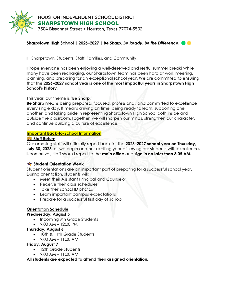 Sharpstown_HS's tweet photo. The new school year is almost here, and we can't wait to welcome our Apollos back! Check out @DrDCEdwards Mid-Summer Community Message for important back-to-school updates and key dates. Get ready to 𝑩𝒆 𝑺𝒉𝒂𝒓𝒑! #ApolloPride #BeSHARPstown https://t.co/m6ZYeGuC0u