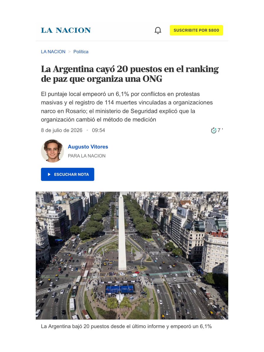 RespOficial_Arg's tweet photo. FALSO. LA NACIÓN MIENTE Y LO SABE: DISFRAZA UN CAMBIO DE MEDICIÓN COMO UNA CAÍDA EN SEGURIDAD PARA CONSTRUIR UN RELATO FALSO.

La Nación tituló que la Argentina se derrumbó 20 puestos en seguridad, y lo hizo SABIENDO QUE ERA FALSO. La propia fuente que el diario consultó, el Institute for Economics and Peace (que elabora el Índice Global de Paz), le aclaró que la violencia narco de Rosario no es nueva y que lo único que cambió fue el umbral de medición. Con esa aclaración sobre la mesa, el diario igual eligió el título más engañoso posible (demostrando el nivel de degradación ética al que han llegado por el simple hecho de atacar los resultados históricos logrados por el Presidente Milei).

Ese 6,1% de deterioro que agitan en el título se explica casi por completo por ese cambio metodológico: el instituto recién este año empezó a contar los homicidios narco de Rosario, que venían ocurriendo desde hacía más de una década. Ese cambio, y nada más que eso, explica cerca del 80% de la caída. El indicador de "muertes por conflicto interno" pasó de 0 a 114 víctimas porque hasta ahora esas muertes quedaban fuera de la cuenta. La Nación tenía este dato, se lo dieron, y eligió esconderlo debajo del título.

Mientras el índice recién se pone al día, hay una estadística que sí es continua y comparable año a año: el SNIC, calificado con grado A de calidad por la UNODC. Esa serie muestra una tasa de homicidios dolosos de 3,6 cada 100.000 habitantes en 2025, la más baja de nuestra historia por segundo año seguido y por debajo de Chile y Paraguay. Rosario, el supuesto foco del deterioro que titula el diario, cerró 2024 con una baja del 65% en homicidios y el primer semestre de 2026 con 40 casos frente a los 150 de 2023, un 70% menos. Los robos cayeron alrededor del 21% durante 2025 y marcaron el registro más bajo de la serie oficial fuera de la pandemia. Todo esto también estaba disponible, y el diario prefirió ignorarlo.

El mejor ejemplo es Uruguay, que encabeza la región en este mismo ranking con una tasa de homicidios que casi duplica la argentina. El índice mide una cosa distinta de la seguridad ciudadana, y La Nación lo sabe perfectamente: lo usó igual como termómetro de qué tan seguro está un vecino para construir un diagnóstico falso con una herramienta que nunca sirvió para eso.

Con las protestas hace exactamente lo mismo. El informe presenta como novedad de 2025 las movilizaciones "de jubilados", que en realidad son un fenómeno constante y fuertemente politizado desde 2024, y cuya conflictividad en la vía pública viene bajando desde que se aplica el protocolo.

Los homicidios de Rosario están en su nivel más bajo en 25 años, y el índice decide empezar a contarlos justo ahora. La Argentina está más segura que nunca, con la mejor estadística de su historia confirmada en cada jurisdicción. Con esos números sobre la mesa, un título que asegura que "la Argentina cayó en seguridad" es una mentira deliberada, y La Nación no puede mirar para el costado.