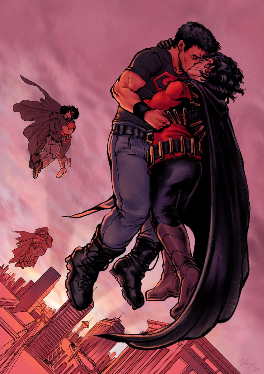 johnnyangerart's tweet photo. my piece for @SuperBatsZines ! timkon reunion in the style of the clois reunion from post reign of the supermen :) 
the zine is free below, check it out!
#dccomics https://t.co/WkDhDAL01q