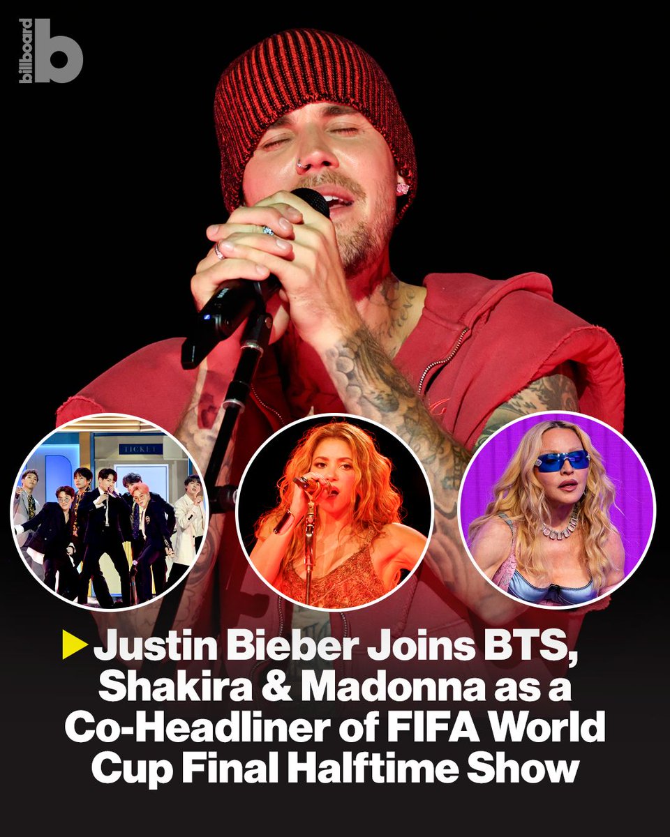 billboard's tweet photo. Justin Bieber is joining BTS, Shakira and Madonna as a co-headliner of the first-of-its-kind FIFA World Cup Final Halftime Show.

More details: https://t.co/7w10Qy6CTQ https://t.co/3ojq7YztoB