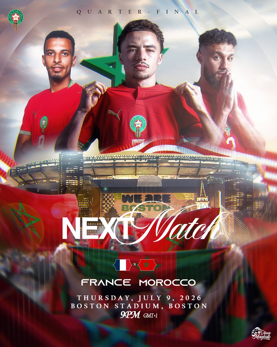 EnMaroc's tweet photo. يواجه منتخبنا الوطني منتخب فرنسا على الساعة التاسعة مساءً في دور ربع نهائي كأس العالم 🏆

𝐍𝐞𝐱𝐭 𝐌𝐚𝐭𝐜𝐡 🔜
Our National Team faces France 🇫🇷 in the FIFA World Cup 2026 Quarter-finals

⏰ | 9PM 🇲🇦 - 4PM 🇺🇸

#DimaMaghrib #FIFAWorldCup https://t.co/fC2BlrmYiV