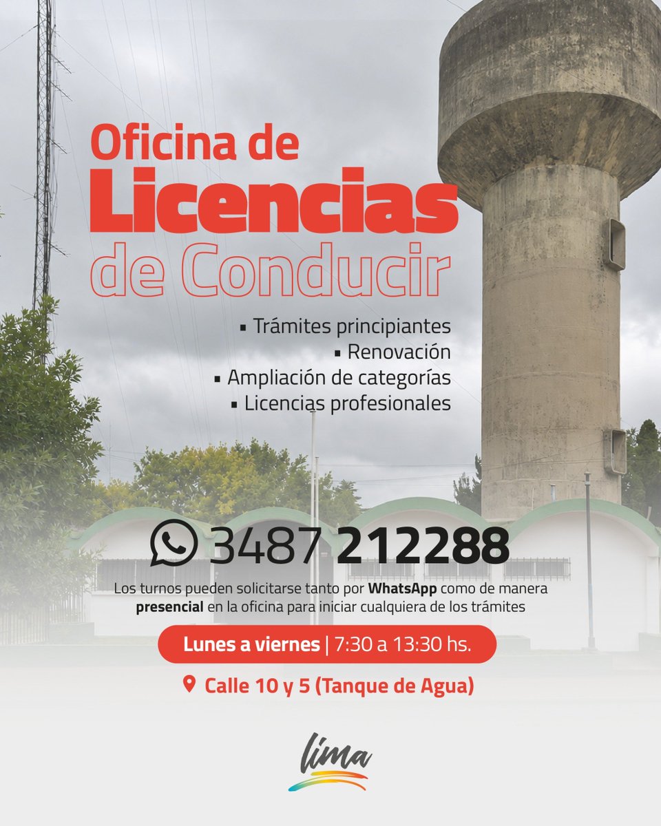 full_medios's tweet photo. Desde el pasado lunes se encuentra en funcionamiento la Oficina de Licencias de Conducir de Lima, donde se realizan licencias. La atención se brinda de lunes a viernes, de 7:30 a 13:30 hs, en Calle 10 y 5 (Tanque de Agua), con turnos por WhatsApp al 3487 212288. https://t.co/OJu3S9HEhI