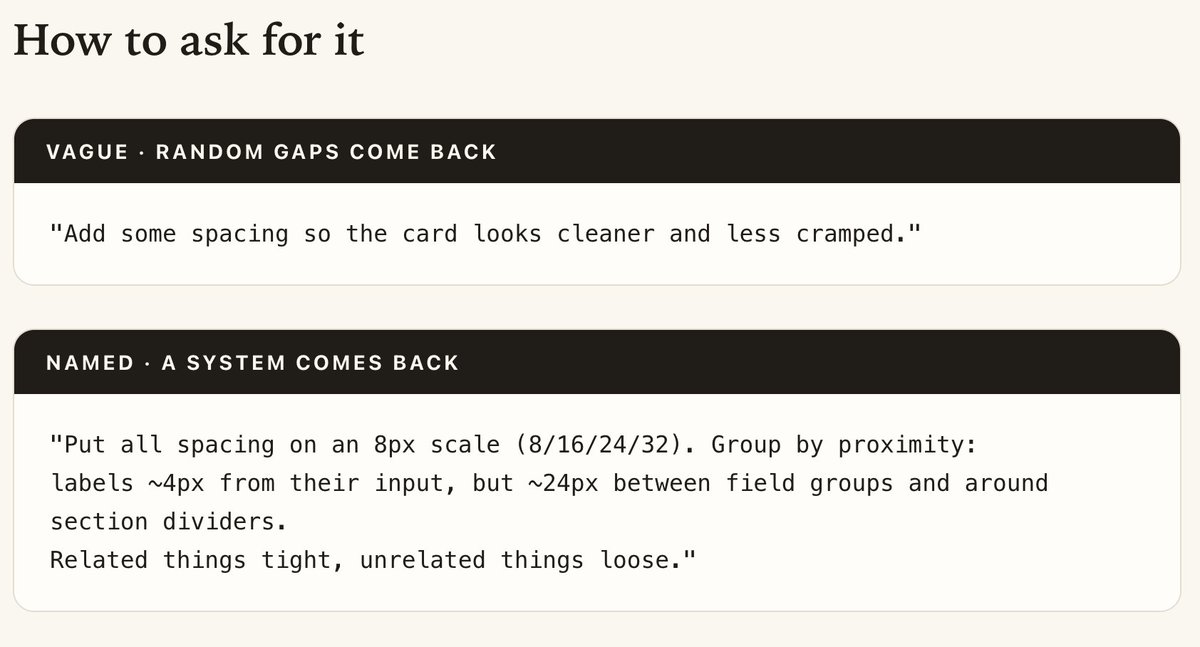 trixai3's tweet photo. I used to tell AI 'add some spacing.' Turns out 'clean' spacing isn't a vibe — it's an 8px scale plus one rule: related things close, unrelated things far. https://t.co/Fb0G8cf7e5