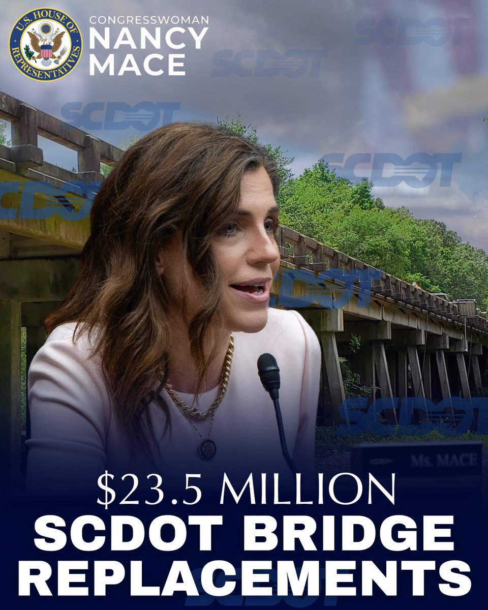RepNancyMace's tweet photo. The South Carolina Department of Transportation has been awarded $23.5 MILLION for their Bridge Package 22 project, which will replace 18 bridges across nine counties in South Carolina, including multiple bridges in SC-01.

We supported their application to the U.S. Department of Transportation because we knew this would be a major win for South Carolina.

Many of these bridges are more than 100 years old. The project will bring each bridge up to modern design standards, add roadside barriers and accommodations for pedestrians and bicyclists, and strengthen resilience against extreme weather.

We will always fight to make sure South Carolina gets its fair share and the investments our communities deserve.

South Carolina STRONG.
