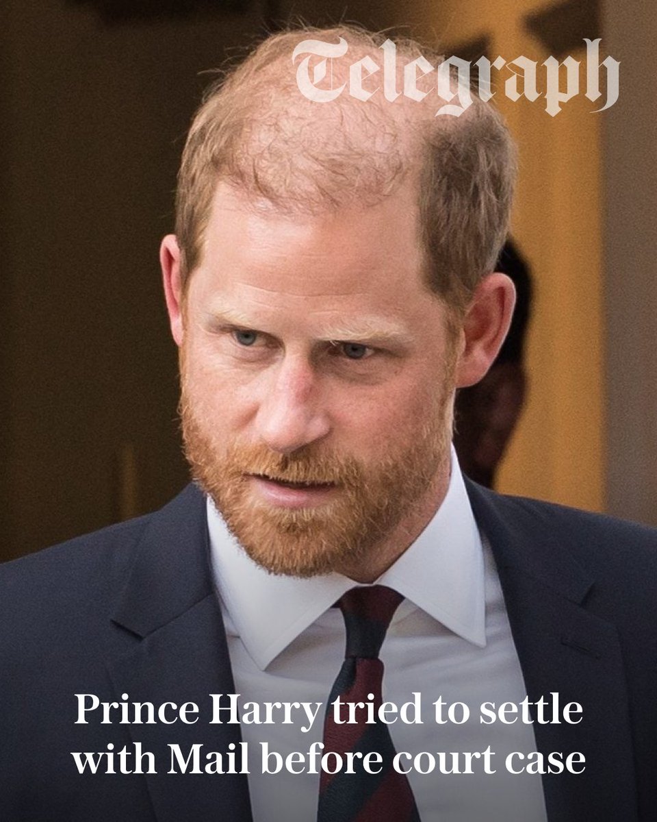 Telegraph's tweet photo. The Duke of Sussex and his fellow claimants tried to settle their failed £50m privacy claim against the publisher of the Daily Mail weeks before the trial began.

Our Royal Editor has more ⤵️
https://t.co/t9NeErlJjq https://t.co/8vw1D3gwqv