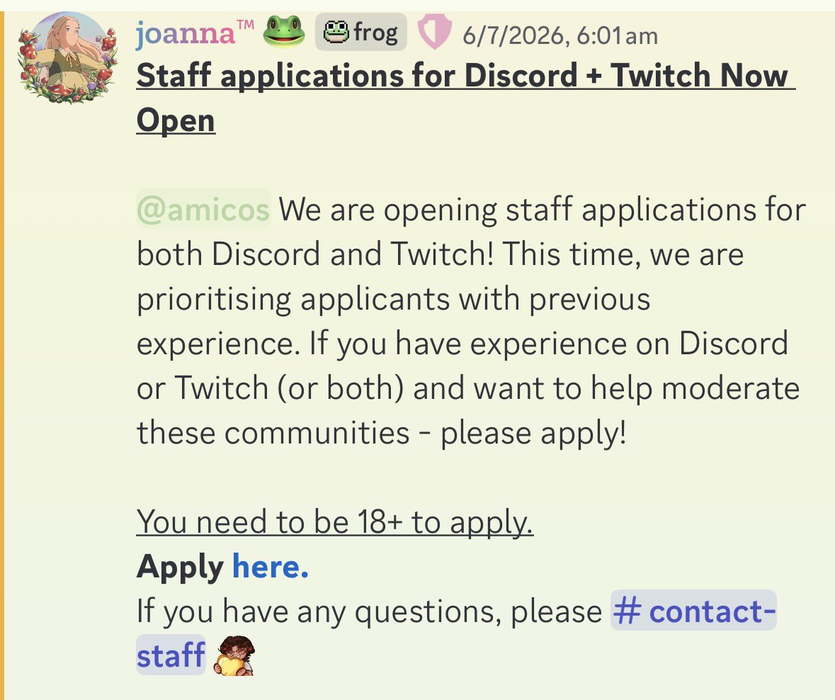 micomods's tweet photo. MOD APPLICATIONS 

Do you have experience on Discord or Twitch? The amicos mod team are looking for more staff 🎆

Apply at the link in the replies ⤵️ https://t.co/CICWKLSDmu