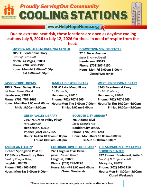 ClarkCountyNV's tweet photo. #WeatherAlert 
🚨
Due to the extreme risk with high temperatures across Southern Nevada, cooling stations across #ClarkCounty are being extended through July 12 to offer people in need a cool, indoor space to escape the heat.
🌡️ ☀️
A list of locations can be found below. https://t.co/aDIoI1Yp5g