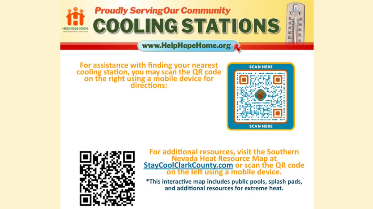 ClarkCountyNV's tweet photo. #WeatherAlert 
🚨
Due to the extreme risk with high temperatures across Southern Nevada, cooling stations across #ClarkCounty are being extended through July 12 to offer people in need a cool, indoor space to escape the heat.
🌡️ ☀️
A list of locations can be found below. https://t.co/aDIoI1Yp5g