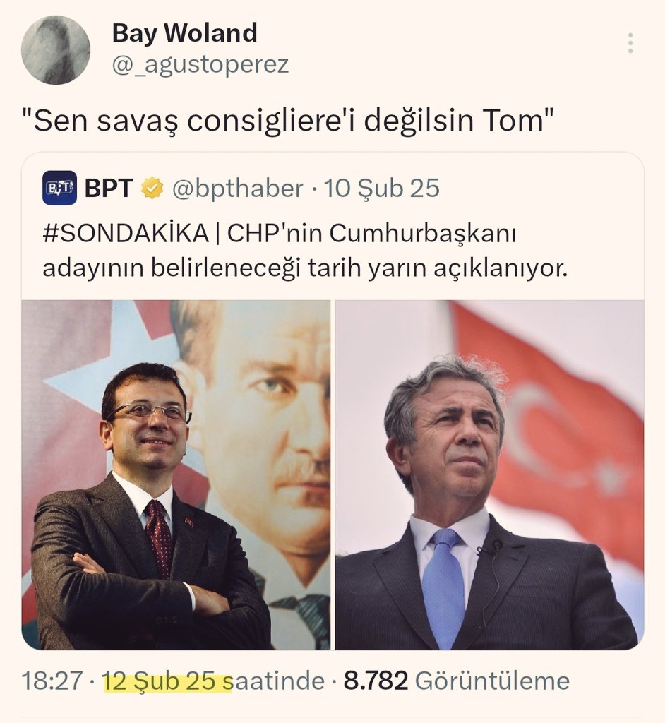 _agustoperez's tweet photo. Çünkü savaş dönemi barış, barış dönemi savaş consigliere'i olmaz

İmamoğlu, bu konjonktürün consigliere'i değildi. Masaya çıkıp tepinseniz de, kâh coşkulu kâh histerik tweetler atsanız da, Kemal Paşa ile eş tutsanız da, değil. Hiç olmadı. https://t.co/5K4ozYcCmC