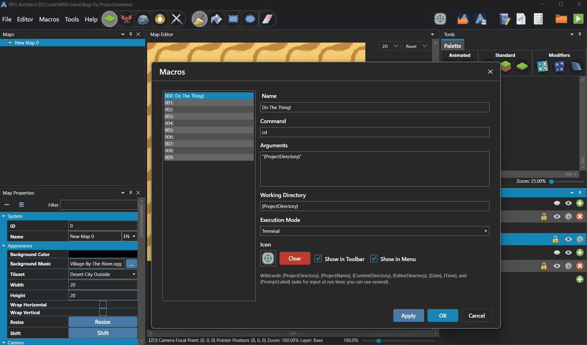 rpgarchitectoff's tweet photo. RPG Architect now supports user-driven macros!  These are designed to run user scripts that might be useful (e.g. a git push or check-in, launching Twitch, loading a Claude instance, etc -- anything that can be run thru a command line).

Also... you can share them via copy/paste! https://t.co/RNlubDXiZ7