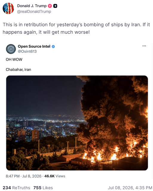 bonzerbarry's tweet photo. Trump posting a fake image from "Open Source Intel" along with more threats. https://t.co/9p3p62bw3z