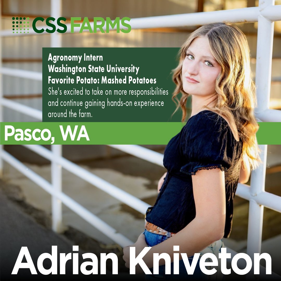 css_farms's tweet photo. Meet Adrian Kniveton!
A future student at Washington State University, Adrian is spending her third summer as an Agronomy Intern in Pasco.

She's excited to take on more responsibilities and continue gaining hands-on experience around the farm. 

Glad to have you back, Adrian! https://t.co/2WNxKYCp5K