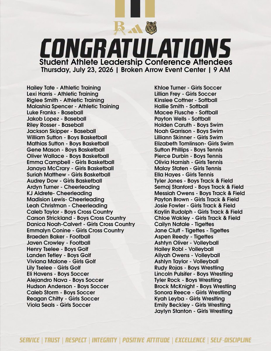 batigersports's tweet photo. Congratulations to our 2026 Student-Athlete Leadership Conference Delegates! 🎉

We’re proud to announce the juniors and seniors selected by their head coaches to represent their programs at this year’s conference on Thursday, July 23. 
#BuildTheLegacy x #goBA🐅 https://t.co/F7lQHyBtRg