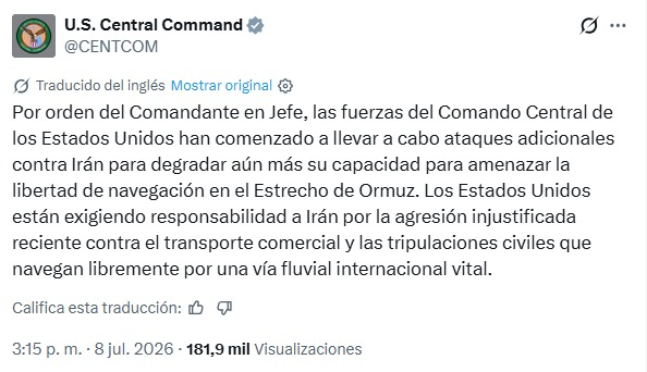 Horadelaverdad's tweet photo. Horas después de que el presidente Donald Trump anunciara el fin unilateral del cese al fuego y advirtiera que respondería con fuerza, el Comando Central de Estados Unidos confirmó nuevos ataques contra Irán.

Según el organismo, la ofensiva busca reducir la capacidad iraní para amenazar la navegación en el Estrecho de Ormuz.