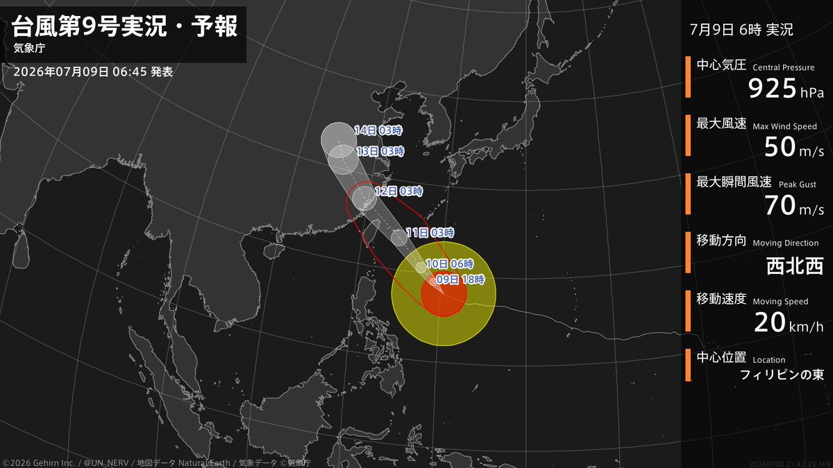 UN_NERV's tweet photo. 【台風第9号実況・予報 2026年07月09日 06:42】
大型で非常に強い台風第9号（バービー）は、フィリピンの東を1時間に20キロの速さで西北西に進んでいます。 https://t.co/lMoQpWLnzX