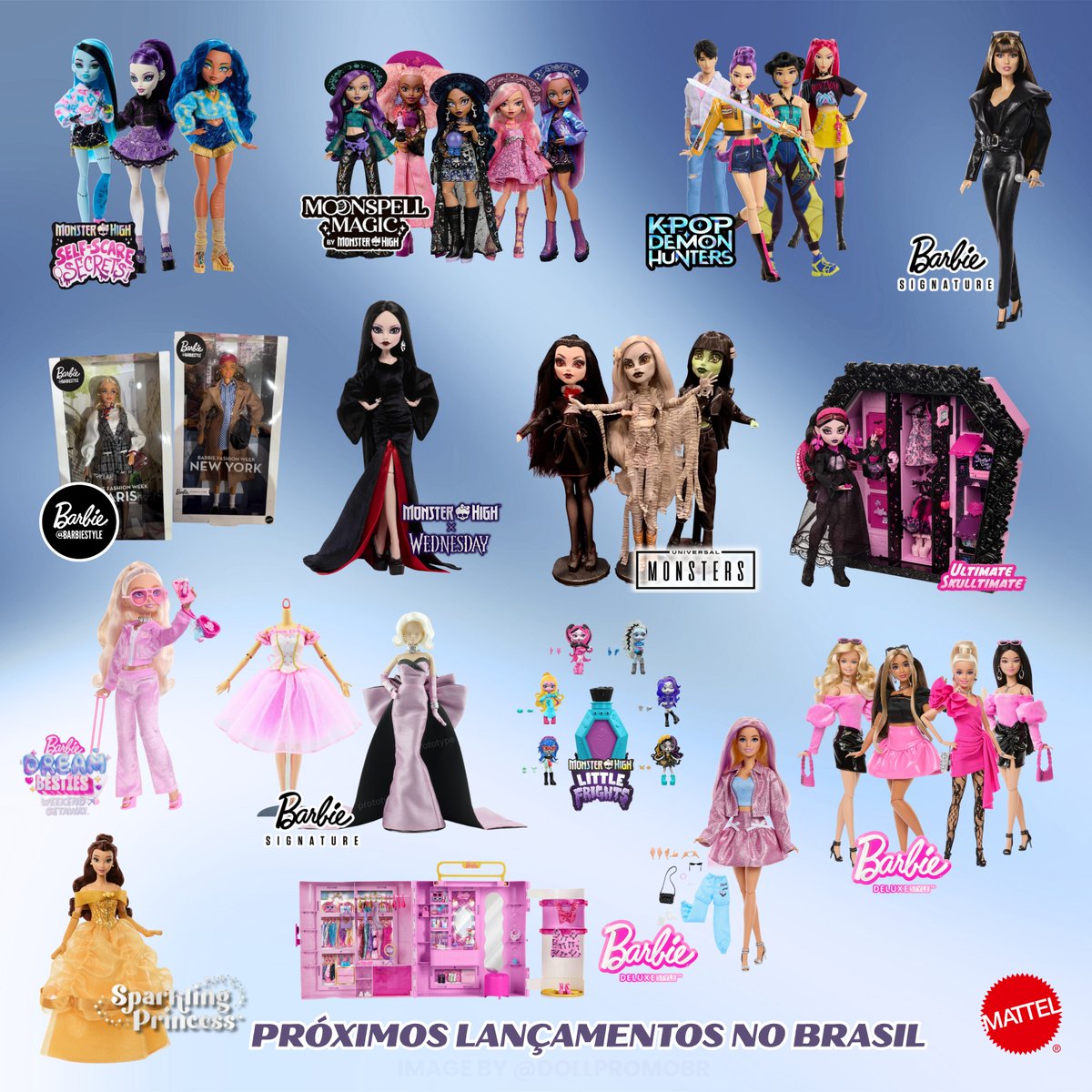 dollpromobr's tweet photo. PRÓXIMOS lançamentos da Mattel no Brasil 💫
Com a chegada do segundo semestre, temos os novos lançamentos de várias linhas se aproximando, confira algumas bonecuxas que chegarão ao Brasil muito em breve e seus respectivos valores!
__________________________________________
📆Agosto

🖤 Mortícia Addams | Monster High x Wandinha 
🏷️ preço inicial de R$: 499,99

🫰🏼 Kpop Demon Hunters | Rumi, Jinu, Mira e Zoey (Core) 
🏷️ preço inicial de R$: 349,99

🌙 Moonspell Magic | Claire, Willow, Layla, Carina e Rae 
🏷️ preço inicial de R$: 329,99

⚰️ Little Frights W7 (Sortido) 
🏷️ preço inicial de R$: 99,99

💅🏼 Self Scare Secrets W2 | Frankie, Spectra e Cleo
🏷️ preço inicial de R$: 259,99

🕶️Barbie X Miley Cyrus 
🏷️ preço inicial de R$: 499,99 ~ R$: 599,99

🩷Barbie Deluxe W4 (#13, #15, #16 e Rare)
🏷️ preço inicial de R$: 219,99

🗄️Barbie Deluxe, Closet 
🏷️ preço inicial de R$: 549,99

🛍️ Barbie Deluxe, Para Customizar 
🏷️ preço inicial de R$: 269,99
__________________________________________
📆Setembro

✨ Barbie Fashion Week | Paris e Nova York 
🏷️ preço inicial de R$: 469,99

🦇Draculaura Ultimatte Skulltimate
🏷️ preço inicial de R$: 499,99 ~ R$: 559,99
__________________________________________
📆 Outubro

🏺 Monster High x Universal Monster | Múmia, Drácula e Frank Stein 
🏷️ preço inicial de R$: 499,99
__________________________________________
📆 Ainda sem Data

🫰🏼 Kpop Demon Hunters | Rumi (Deluxe) 
🏷️ preço inicial de R$: 559,99

💼Dream Besties Weekend Getaway | Malibu 
🏷️ preço inicial de R$: 229,99

👑 Disney Sparkling Princess | Bela 
🏷️ preço inicial de R$: ???,??

👠 Barbie x Marilyn Monroe 
🏷️ preço inicial de R$: 629,99

🩰 Barbie Signature Clara (O Quebra Nozes)
🏷️ preço inicial de R$: 599,99
__________________________________________

Essas são as informações que eu tenho, pro dia de hoje. Algumas linhas até o momento só tem uma personagem anunciada, e não acho que isso vá mudar, mas espero que tragam as outras da Sparkling Princess. 

Acredito que a Mortícia lança até o fim do mês, ela já tem página ativa em algumas lojas, mas segue sem estoque.  Os dados foram obtidos no cruzamento de dados entre Inmetro, fornecedores e com a pré-venda feita na Amazon de alguns itens.

Quais dos próximos lançamentos pretende adquirir?

ℹ️ Datas e valores sujeitos a mudanças!