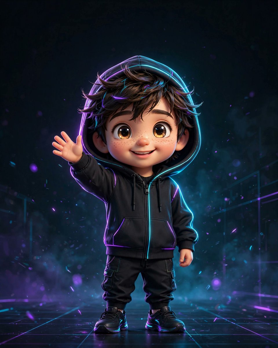 zainabcreativex's tweet photo. The character stands in a dark minimalist studio, lit by dramatic neon rim lights in electric purple and cyan blue that create a vibrant glowing outline. 

Vibe: Playful yet premium, futuristic-cute, perfect for NFT collections, gaming avatars, stickers, or brand mascots. https://t.co/GQk7lo9Q1H