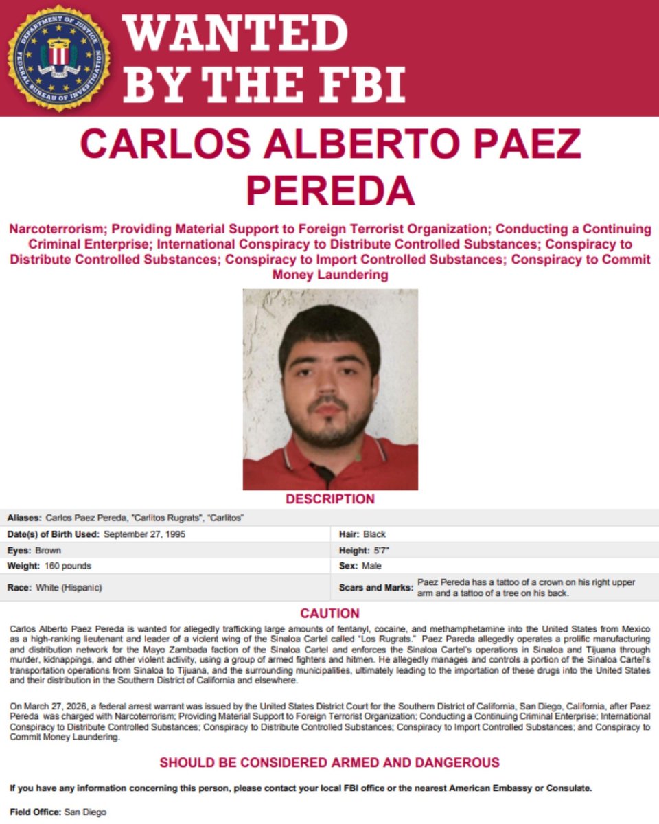elmela_'s tweet photo. “Carlitos Rugrats”: Leader of Sinaloa Cartel’s Los Rugrats Charged with Narcoterrorism‼️

ENG:
An unsealed indictment on Tuesday, charges Carlos Paez Pereda — aka “Carlitos” and “Carlitos Rugrats” — an alleged high-ranking lieutenant and leader of a violent wing of the Sinaloa Cartel known as “Los Rugrats,” with narcoterrorism and material support for terrorism in connection with trafficking massive quantities of fentanyl, cocaine, and methamphetamine into the United States.

Court documents allege Paez runs a major meth, fentanyl, and cocaine operation for the Mayo Zambada faction, enforcing it through murder and kidnapping via armed hitmen, and controlling drug transport routes from Sinaloa to Tijuana into the U.S. Over the past decade he’s allegedly moved tens of thousands of kilograms of drugs and laundered hundreds of millions in proceeds — earning an OFAC Drug Kingpin designation in September 2025. He’s also allegedly backed Los Mayos in their war against Los Chapitos with fighters, weapons, logistics, and money.

ESP:
Una acusación formal desclasificada el martes imputa a Carlos Paez Pereda —alias “Carlitos” y “Carlitos Rugrats”—, presunto lugarteniente de alto rango y líder de una célula violenta del Cártel de Sinaloa conocida como “Los Rugrats”, los delitos de narcoterrorismo y apoyo material al terrorismo, en relación con el tráfico de cantidades masivas de fentanilo, cocaína y metanfetamina hacia Estados Unidos.

Según documentos judiciales, Paez dirige una red importante de metanfetamina, fentanilo y cocaína para la facción de Mayo Zambada, imponiendo su control mediante homicidios y secuestros a través de sicarios armados, y controlando rutas de transporte de droga desde Sinaloa hacia Tijuana y hacia EE. UU. En la última década ha movido presuntamente decenas de miles de kilogramos de droga y lavado cientos de millones en ganancias — lo que le valió la designación de Narcotraficante Principal por parte de OFAC en septiembre de 2025. También habría respaldado a Los Mayos en su guerra contra Los Chapitos con combatientes, armas, logística y dinero.