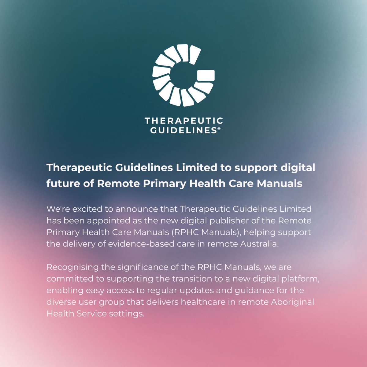 TGLGuidelines's tweet photo. Therapeutic Guidelines has been appointed as the new digital publisher of the Remote Primary Health Care Manuals (RPHC Manuals. Learn more: https://t.co/XgGjkpO4iC
#RemoteHealth #PrimaryHealthCare #DigitalHealth #TherapeuticGuidelines #HealthcareWorkforce #RuralHealth https://t.co/aywXoGgxGD