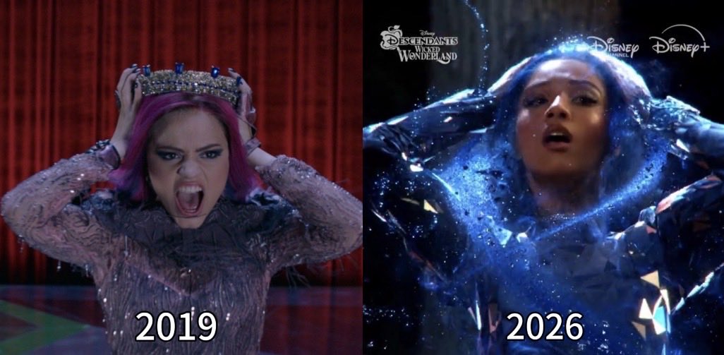 ShalomBara26505's tweet photo. Then &amp; Now (2019-2026) Queen of Mean and Evil Chloe from D3 two Descendants Wicked Wonderland 💙🩷💙🩷💙💜🖤✨⚔️👑😈 https://t.co/fVUOmhd4j6