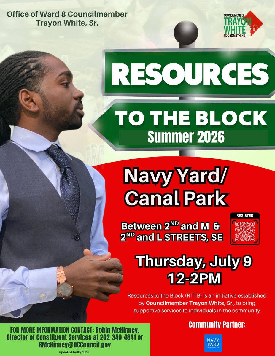 trayonwhite's tweet photo. Our Resources to the Block Double Header heads to Navy Yard tomorrow!

We’re bringing city agencies, nonprofits, &amp; community partners closer to where you live &amp; work.

📍 Canal Park (2nd &amp; M St., SE)
🗓️ Thursday, July 9
🕛 12–2 PM

Come connect with the resources you need! #Ward8 https://t.co/PTzxoNKwKu