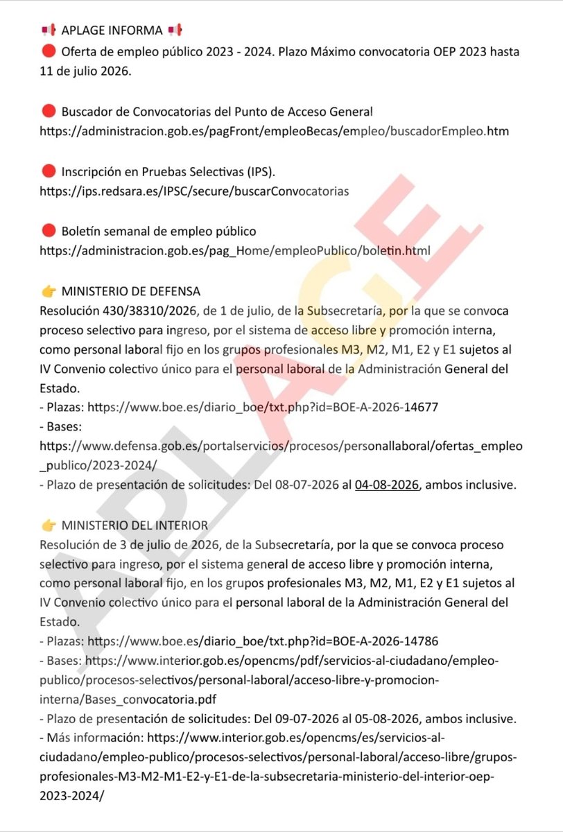 LuscoFusco77's tweet photo. 📢 APLAGE INFORMA 📢

🔴 Oferta de empleo público 2023 - 2024. Plazo Máximo convocatoria OEP 2023 hasta 11 de julio 2026.

🔴 Buscador de Convocatorias del Punto de Acceso General
https://t.co/Vx9j3t64Iy

🔴 Inscripción en Pruebas Selectivas (IPS).
https://t.co/No1ueeFWDe https://t.co/7Yo0thGKL8