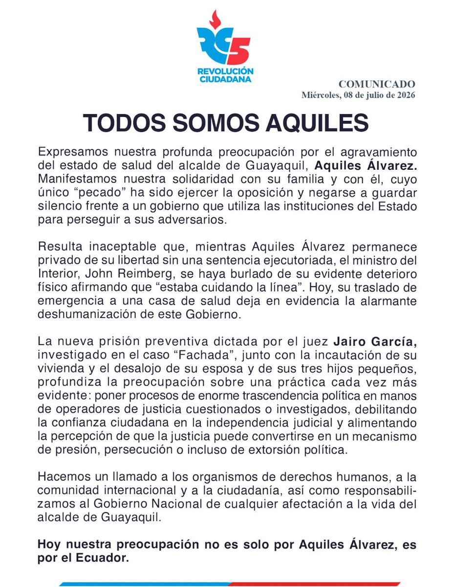 RC5Oficial's tweet photo. Cuando un gobierno se burla del sufrimiento de un preso político y la justicia se convierte en un instrumento de persecución, ya no está en riesgo una persona: está en riesgo la DEMOCRACIA. 

¡El Ecuador no puede normalizar más tanta infamia! https://t.co/PScD1YrYrM