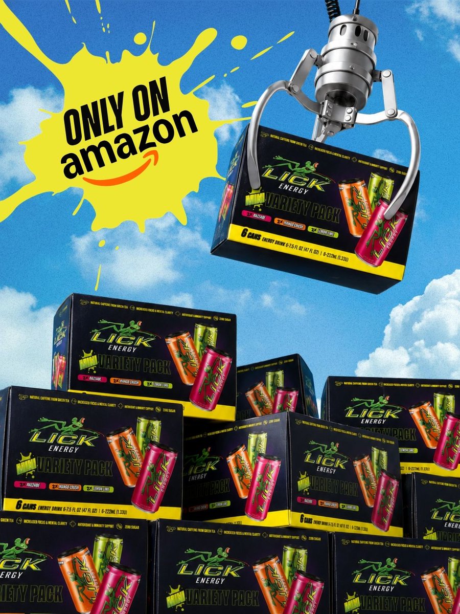 lickenergy's tweet photo. Your Amazon cart just got way more interesting.🛍️

The LICK Energy Variety Pack is the easiest way to try all 3 flavors in one box: Mango Crush, Lemon Lime, and Razzade. Mini cans, big energy, zero sugar, and only on Amazon.

Grab the 6-pack 👉 https://t.co/c55VNX7NvK https://t.co/ZFR4vAw0rI