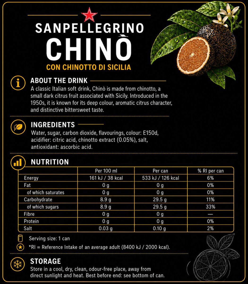 molmutius's tweet photo. PROPER POP REVIEW 

San Pellegrino's version of the ancient chinotto drink, made from the eponymous citrus fruit is a bittersweet surprise for the palate. Complex, but delicious. A spicy thirst quencher for adults.

Well worth importing by sugar tax haters. 4/5

#WeWantProperPop https://t.co/ANdLLuegpm