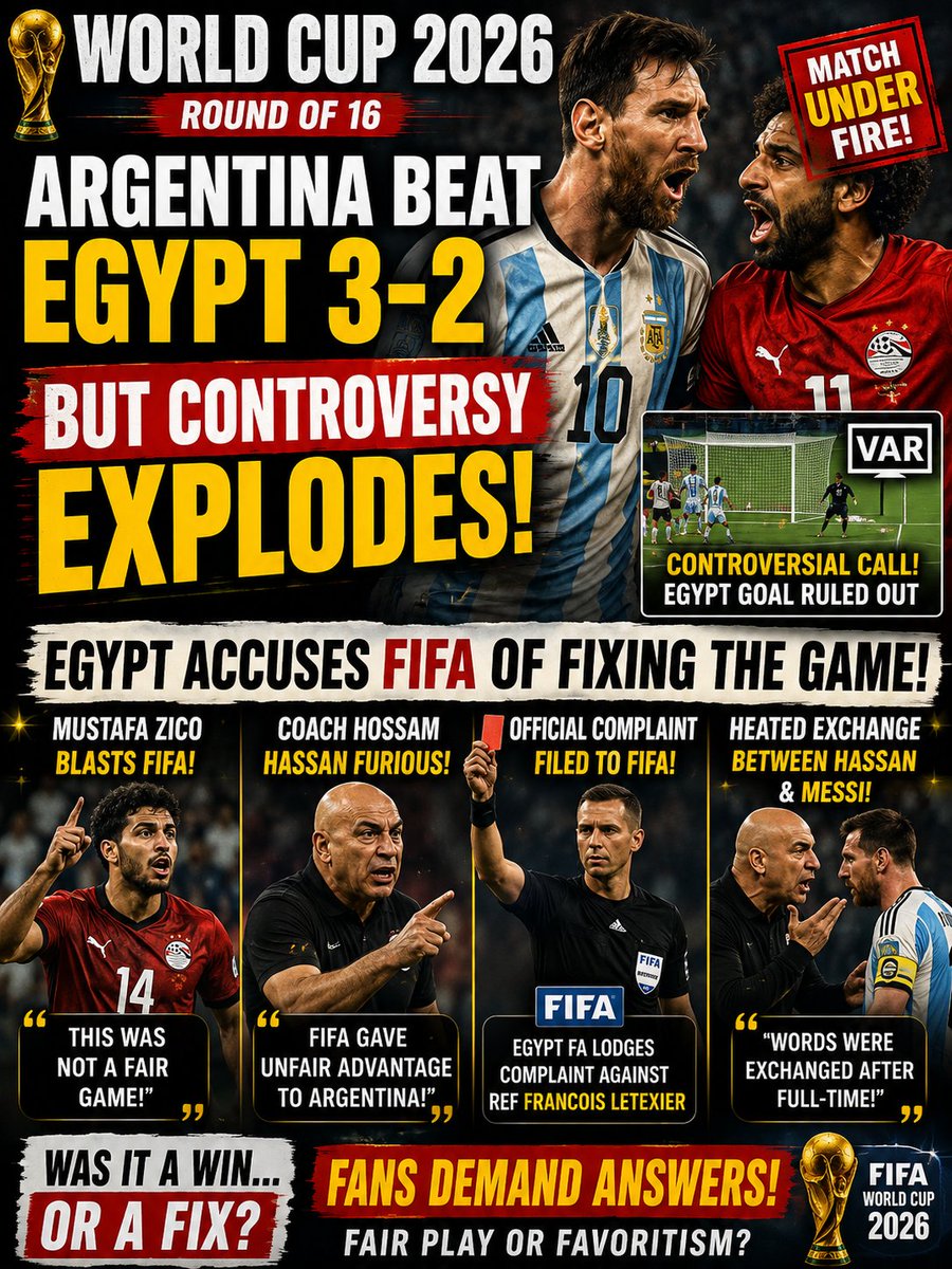 VarunVerma1289's tweet photo. 🚨 "This tournament is FIXED!" — Egypt's Mostafa Zico after 3-2 loss to Argentina
⚽ Zico's goal disallowed by VAR
⚽ Salah's penalty shout ignored
⚽ Egypt FA files official complaint vs referee Letexier

#FIFAWorldCup2026 #Argentina #Egypt

#DadaFirstLook https://t.co/yLXWTOEw0v