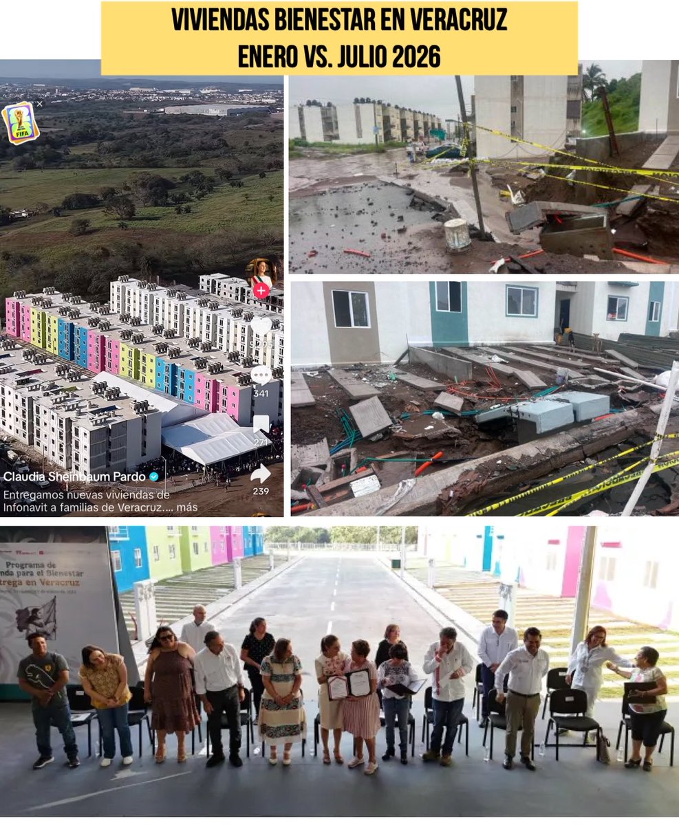 Funesta's tweet photo. 23 de enero, Sheinbaum y Nahle, inauguran viviendas Bienestar en Veracruz, de alta calidad, según dijeron.

7 de julio, sufren daños, no sobreviven bien, ni la primera lluvia intensa.

Octavio Oropeza, responsable de INFONAVIT, tiene mucho que explicar.

Redes sociales 📷 https://t.co/b0TTHfxHQq
