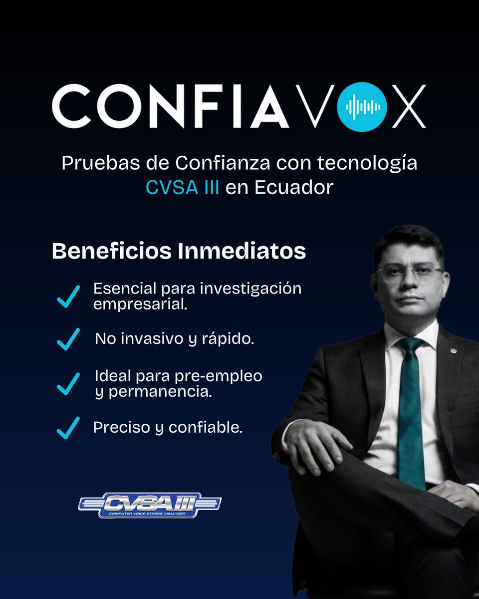 confiavox's tweet photo. CONFIAVOX | El nuevo estándar en seguridad corporativa.🛡️
Mediante el uso de tecnología CVSA III, realizamos el análisis de estrés de voz para validar información clave en procesos de pre-empleo e investigaciones internas.

➡️ Más información: https://t.co/QJlLmP7jlP https://t.co/WmpmIk2pbC