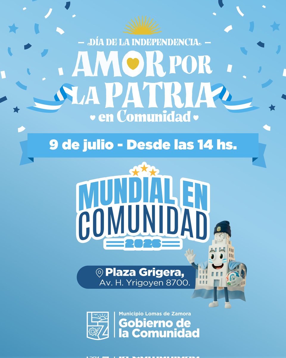 MunicipioLdeZ's tweet photo. 🇦🇷🎉 AMOR POR LA PATRIA EN COMUNIDAD 

🗓 9 de Julio - desde las 14hs.
📍 Plaza Grigera, Av Hipolito Yrigoyen 8.700.

¡Vení a celebrar el Día de la Independencia! 💪🏻

#ComunidadLomas https://t.co/6MbO8sakvh